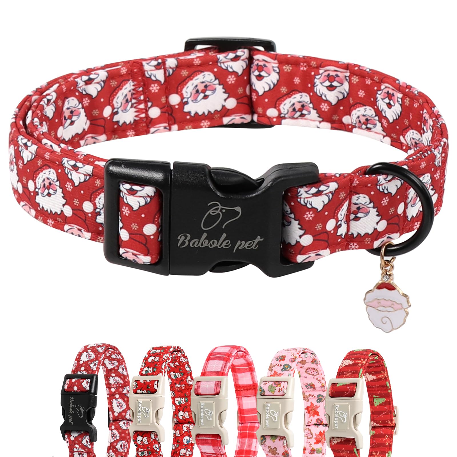 Babole Pet Christmas dog collar closeup shows Santa pattern for holiday photos