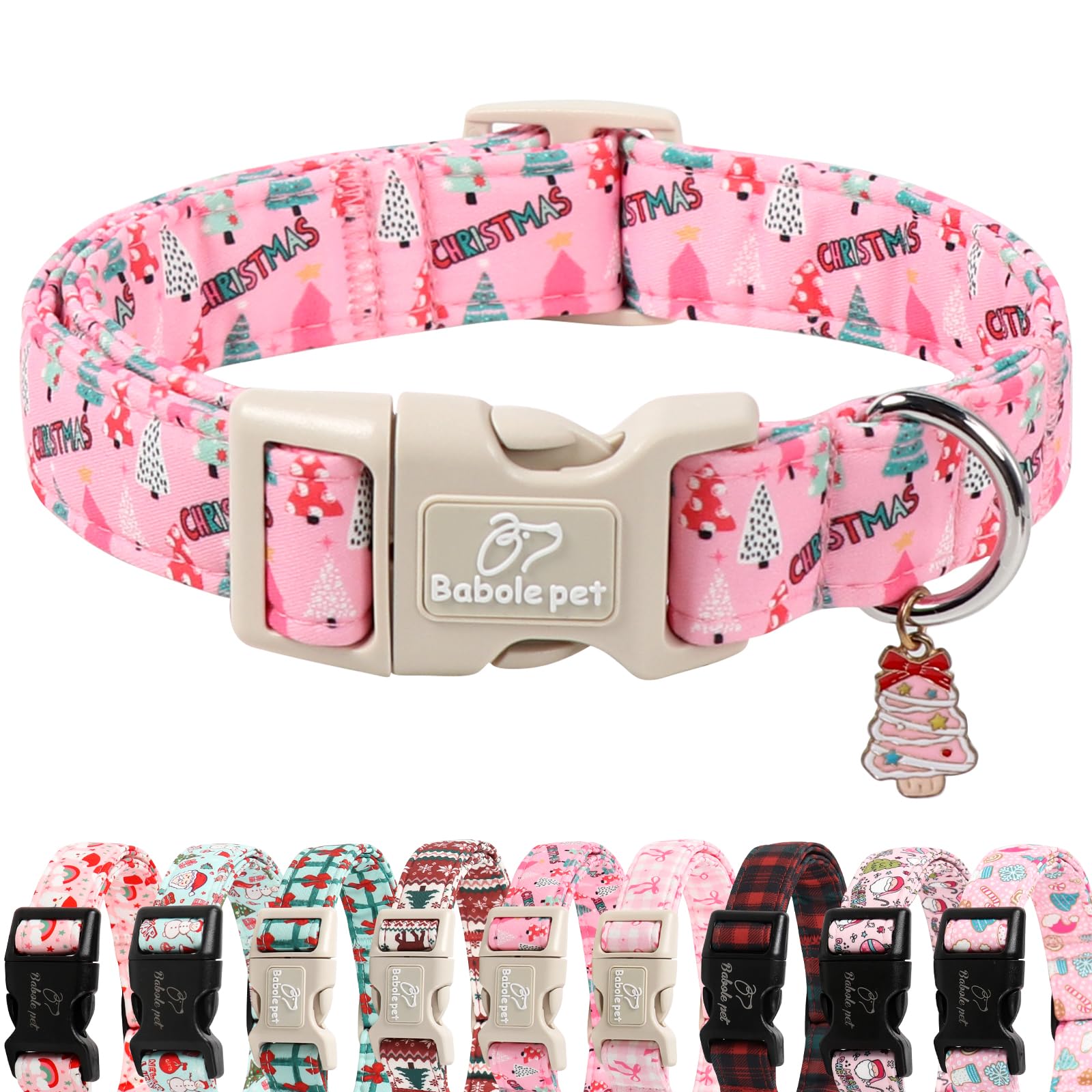 Babole Pet Christmas dog collar tree print pink on dog for festive walks
