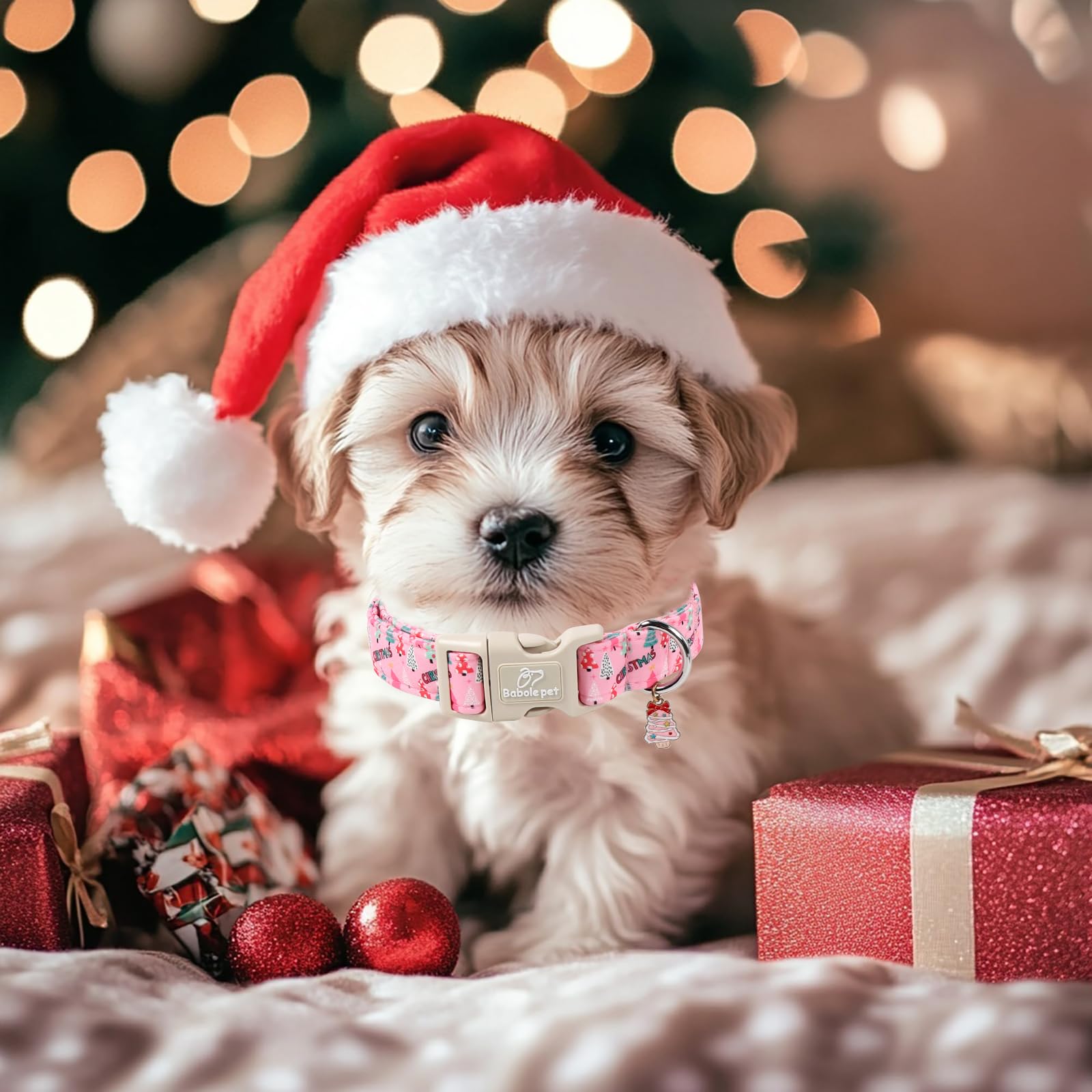 Babole Pet pink Christmas tree pattern collar suitable for large dogs.