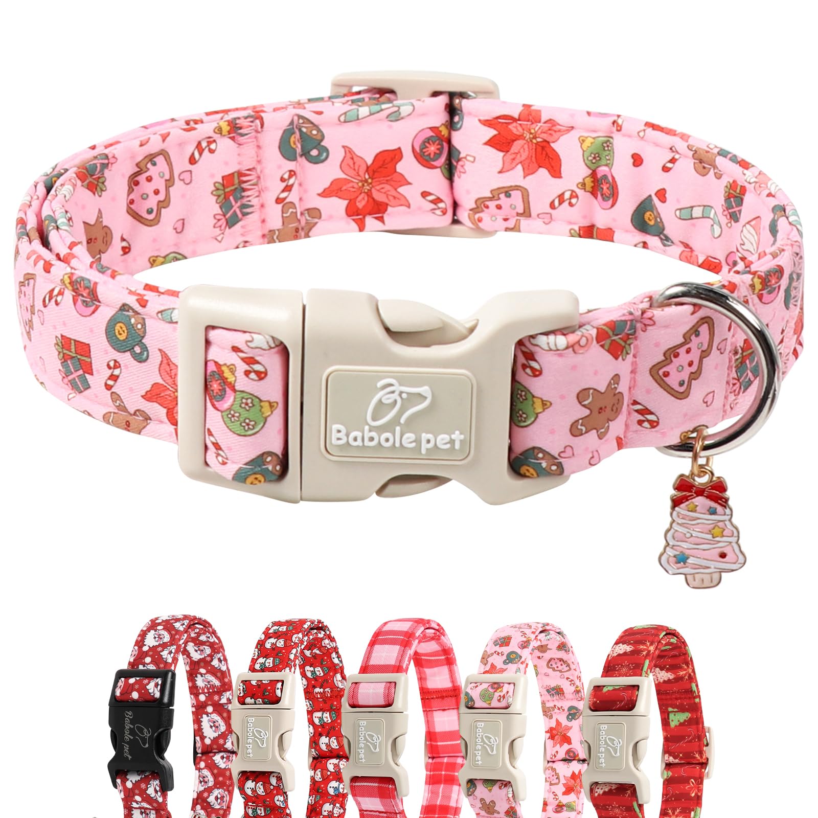 Collar Babole Pet Navidad Rosa, perfecto para paseos y fotos festivas.