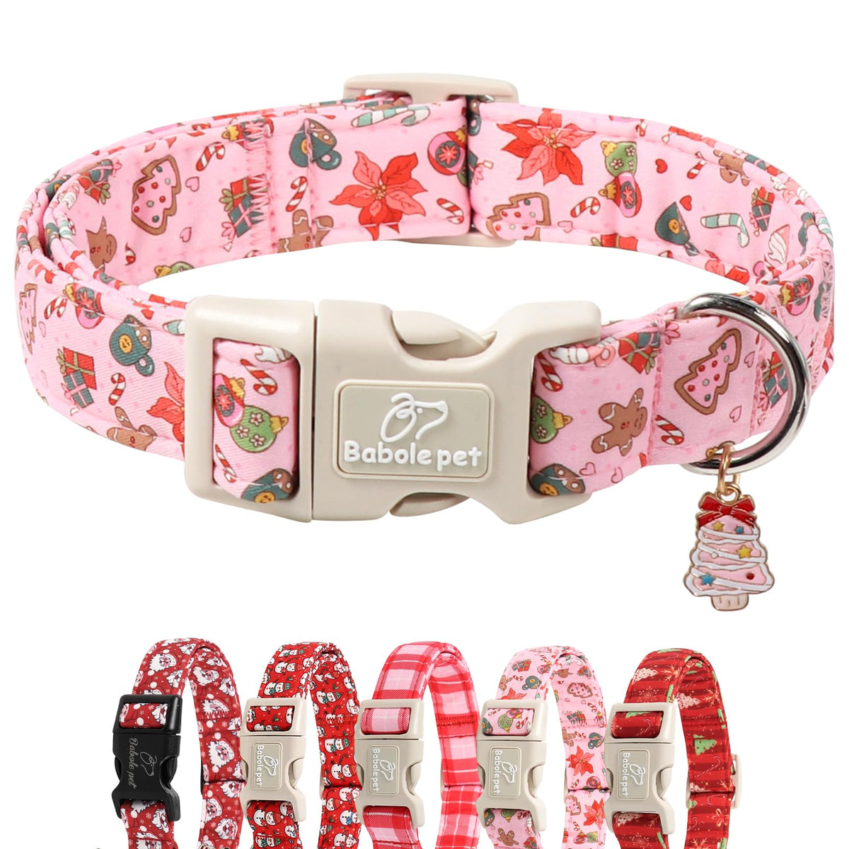 Collar Babole Pet Navidad Rosa, perfecto para paseos y fotos festivas.