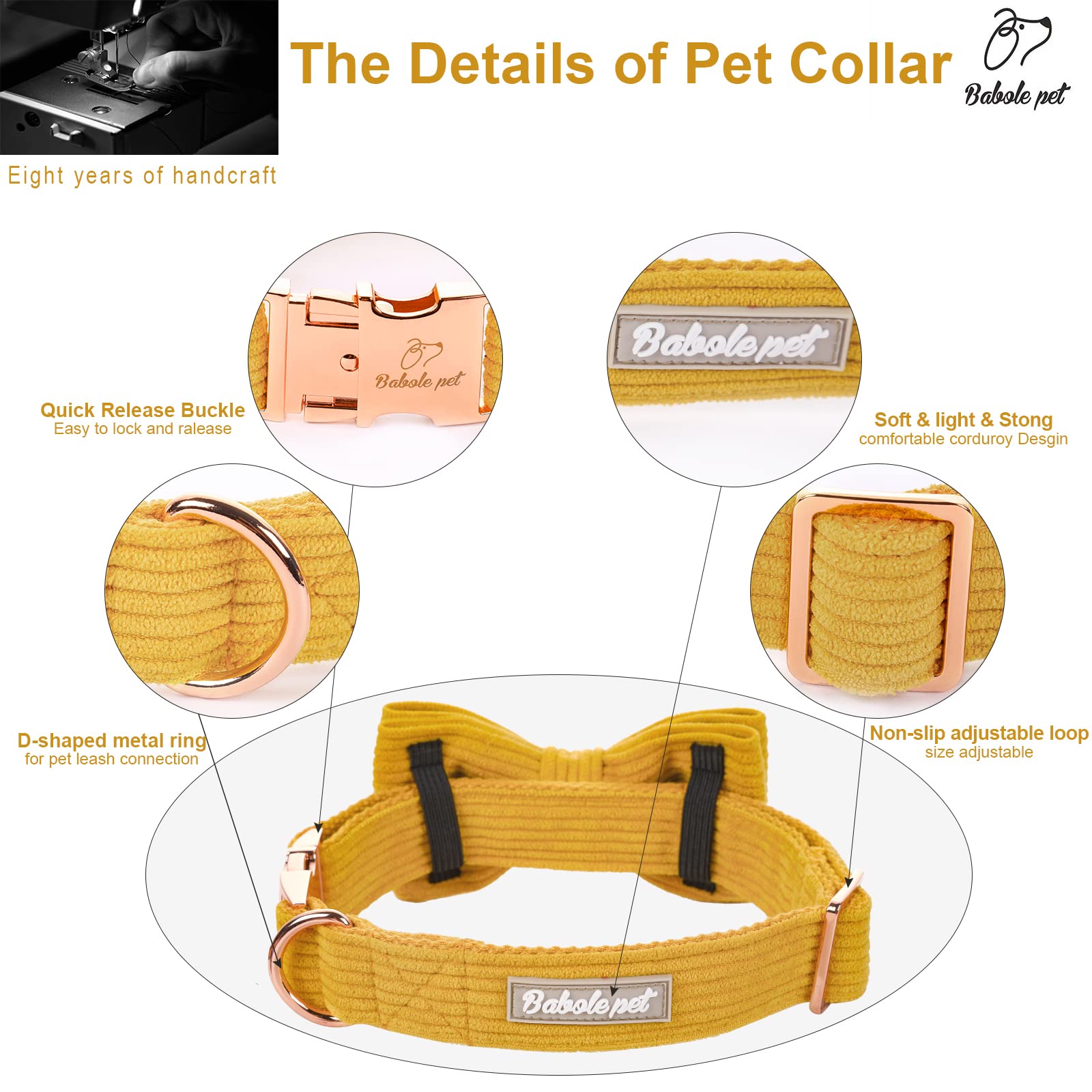 Babole Pet corduroy collar with removable bow tie for versatile styling.