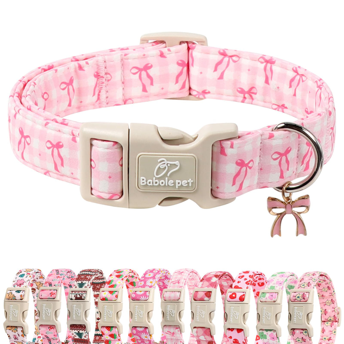 Babole Pet girl dog collar in pink plaid bow pattern for small dogs—soft comfort and cute style.