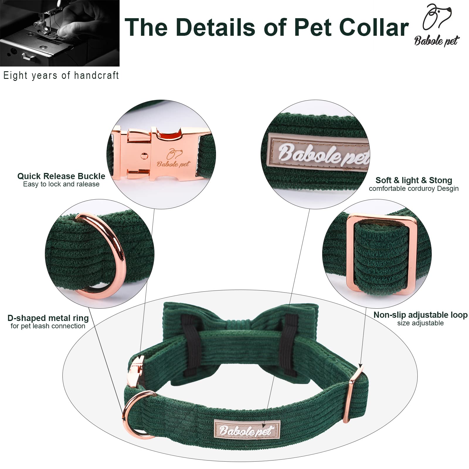 Babole Pet Green Collar with removable bow tie for versatile styling