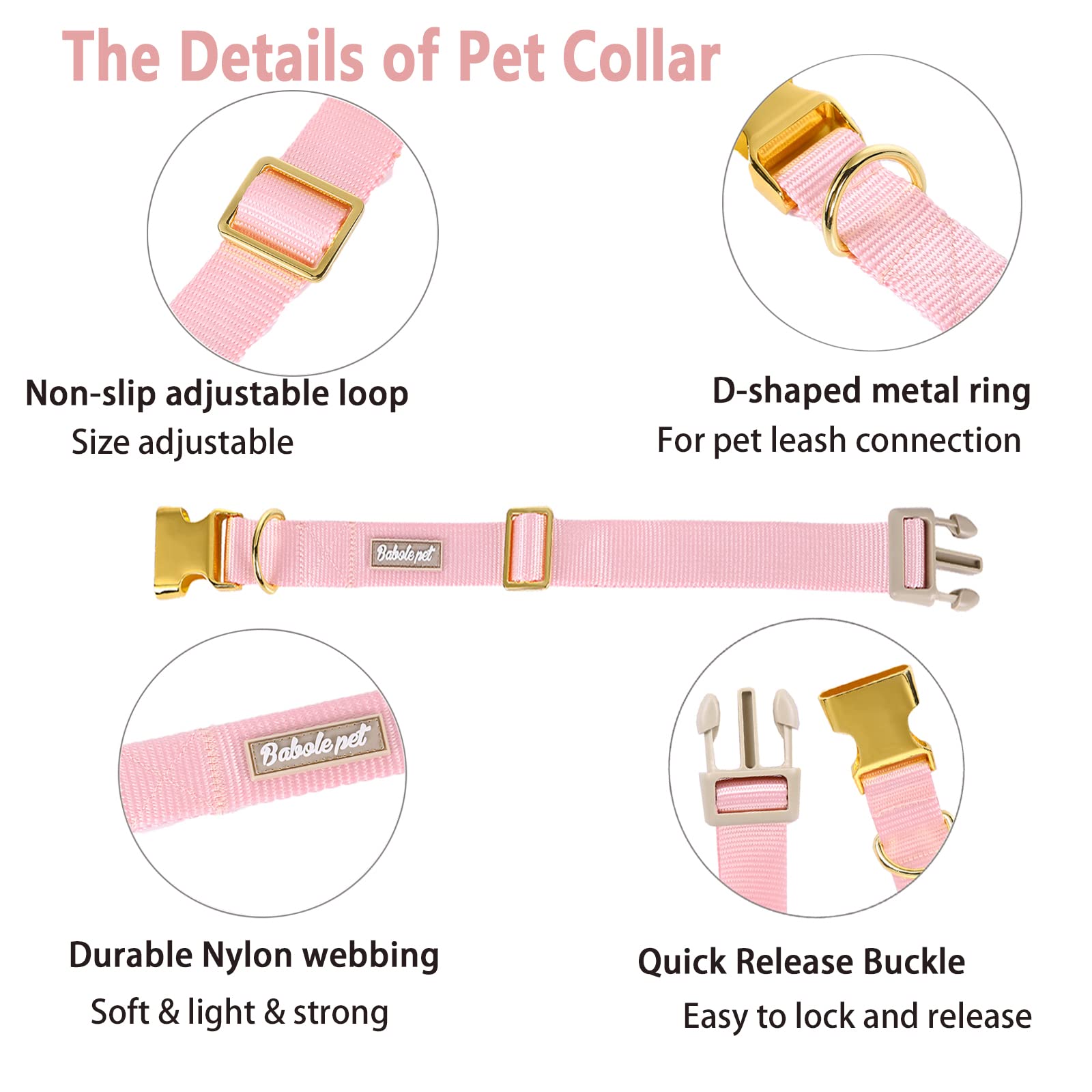 Babole Pet nylon dog collar pink chrome-plated D-ring for durability
