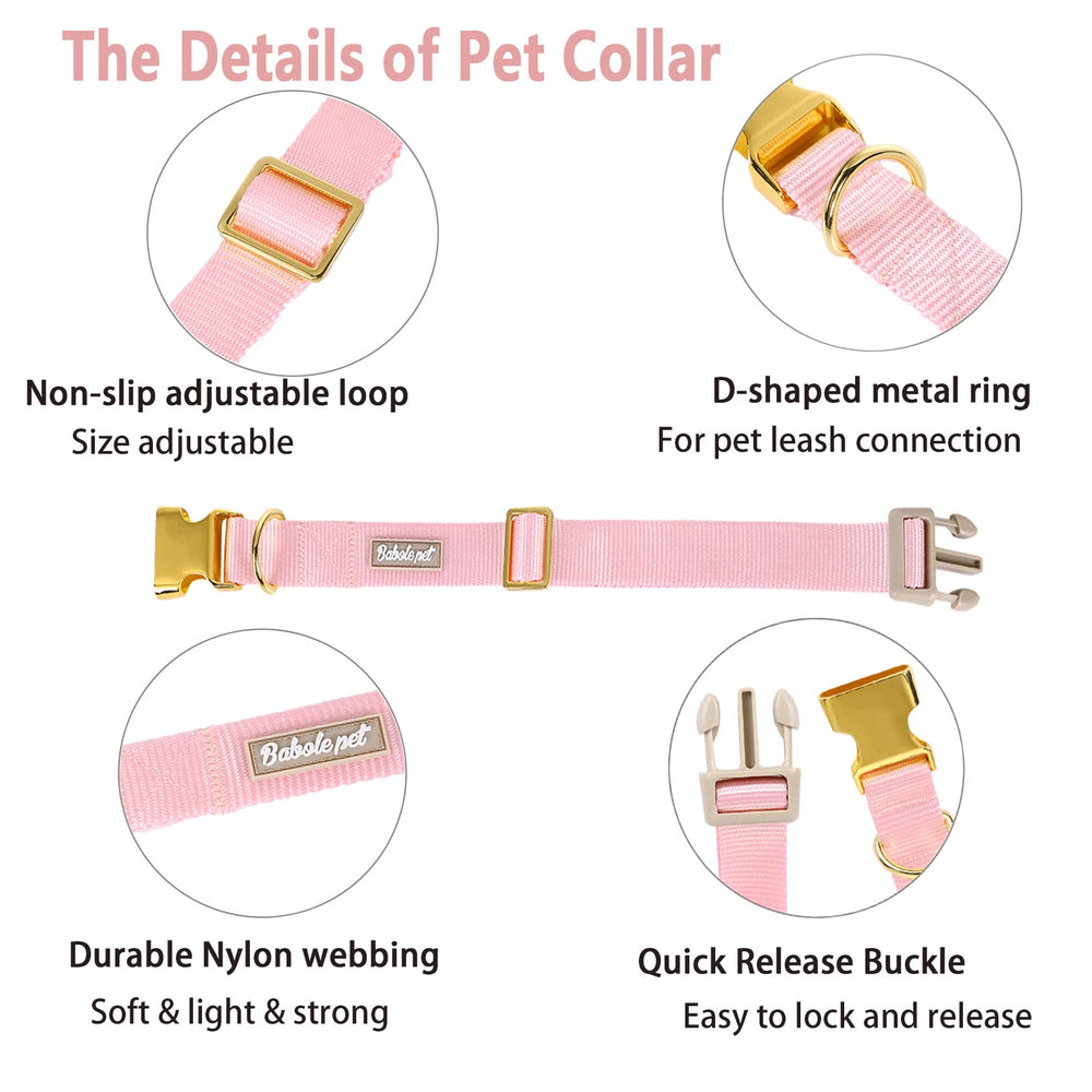 Babole Pet nylon dog collar pink chrome-plated D-ring for durability