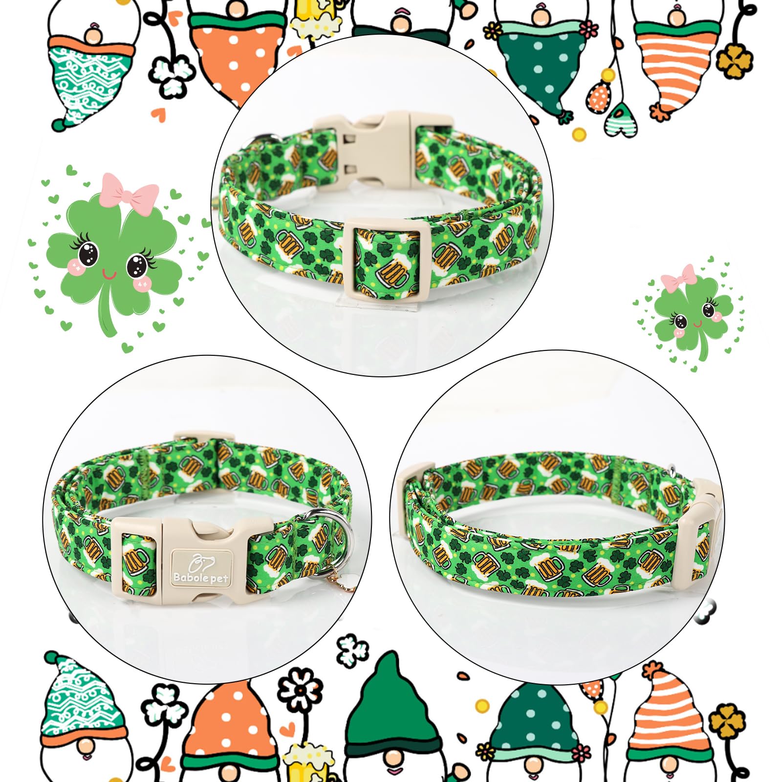 Babole Pet Irish clover pattern on collar for festive St Patrick's Day