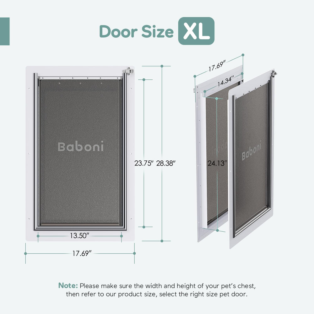 Baboni 3-Flaps pet door dimensions guide image helps verify fit.