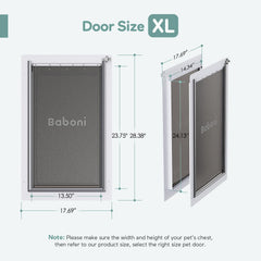 Baboni 3-Flaps pet door dimensions guide image helps verify fit.