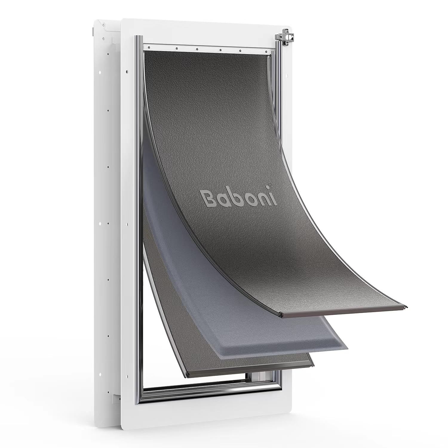Baboni 3-Flaps pet door frame close-up shows sturdy steel construction for long-lasting use.