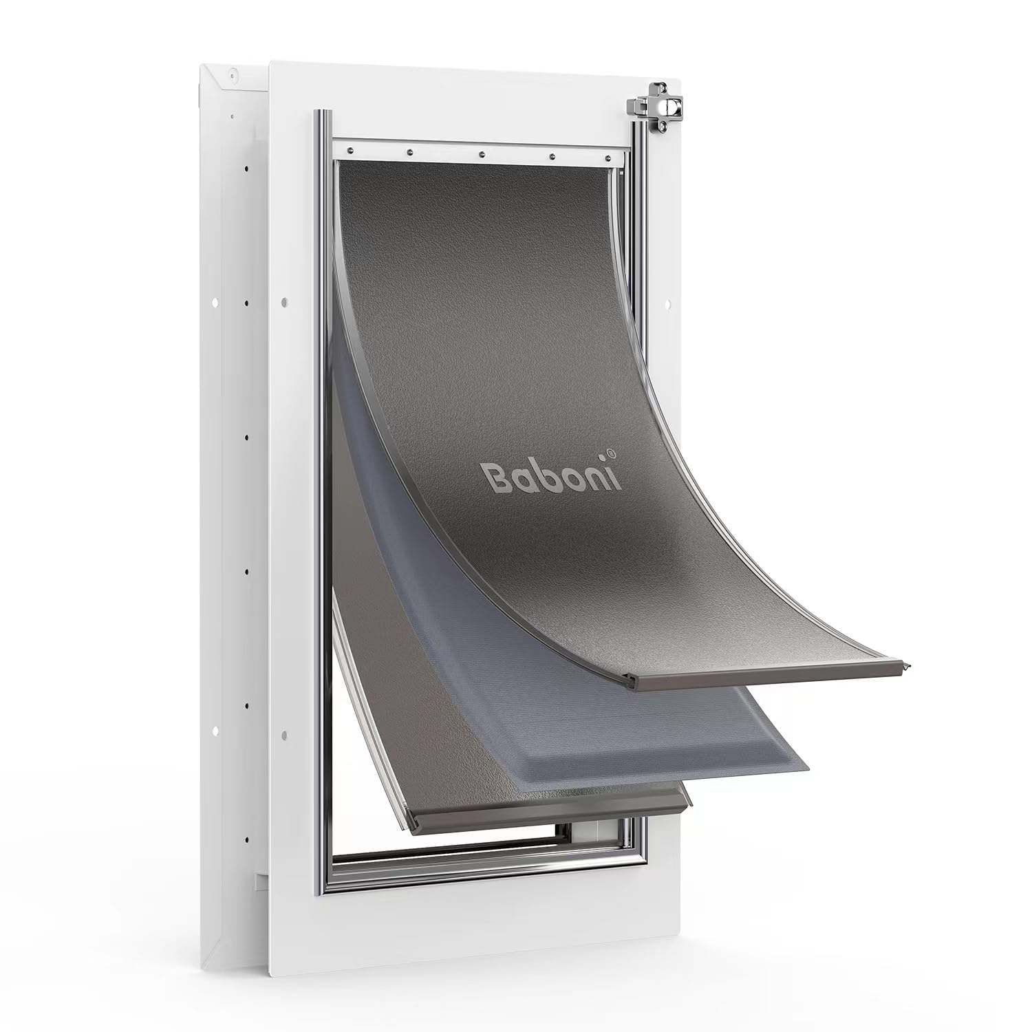 Baboni 3-Flaps pet door steel frame demonstrates durable, weather-resistant access for pets.