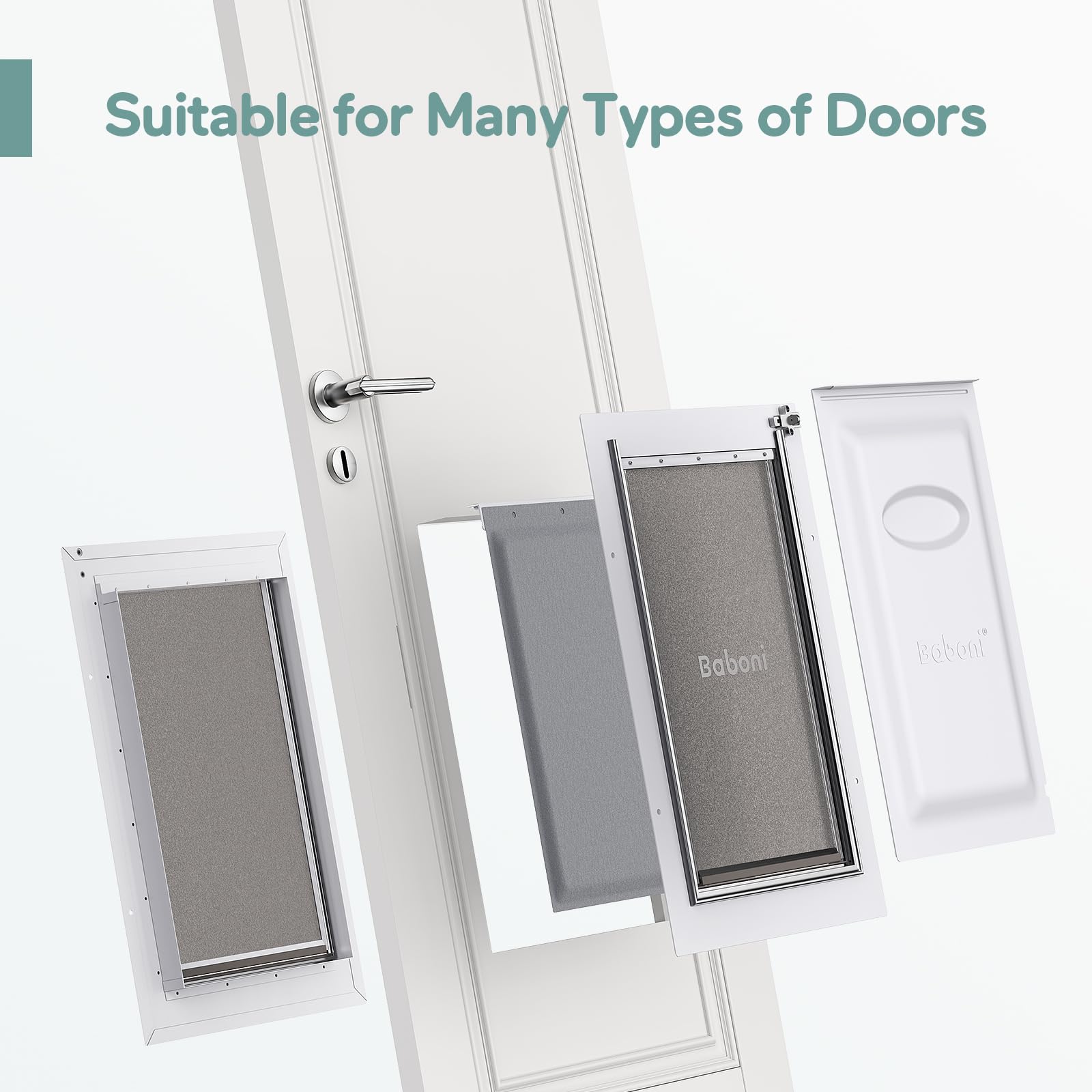 Baboni 3-Flaps pet door telescoping tunnel shows adjustable fit for various door thicknesses.