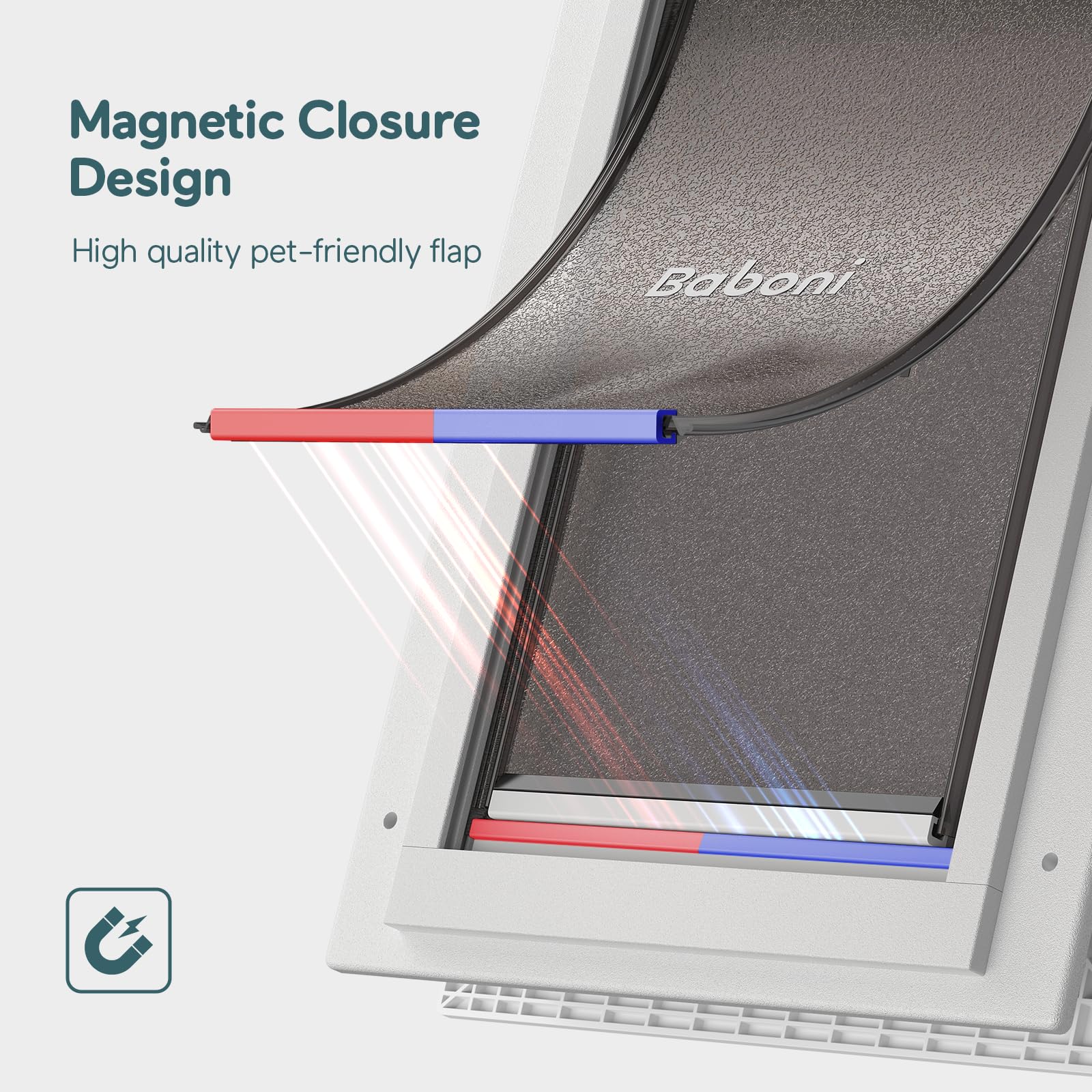 Baboni pet door dimensions show clear cutout and flap sizes for pets up to 40 lb.
