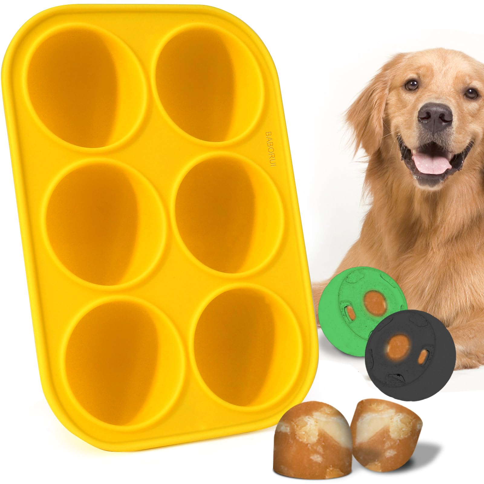 BABORUI 6-cavity molds flatlay for XL Woof Pupsicle compatibility