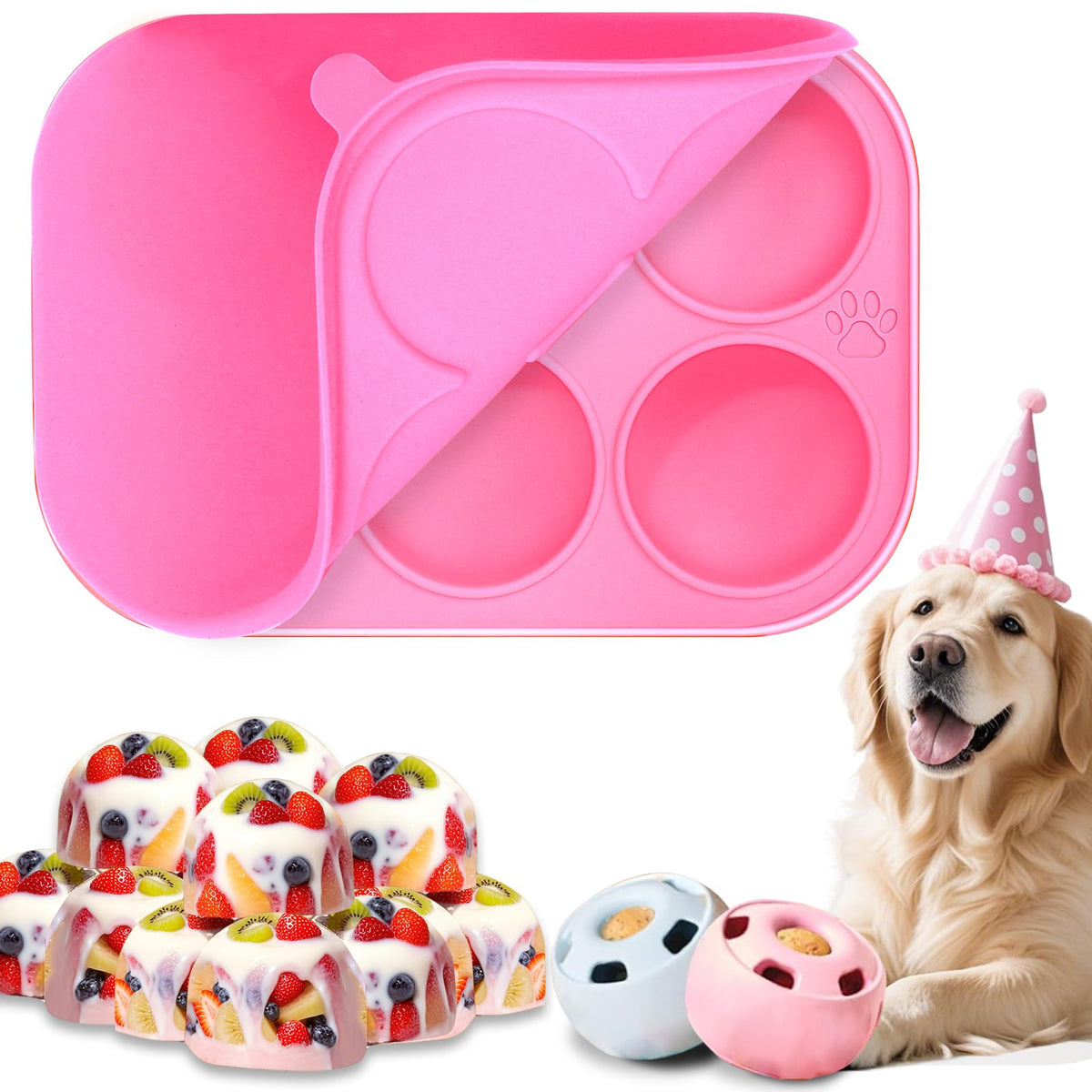 BABORUI 6-cavity silicone dog treat mold pink lid, easy-release treats