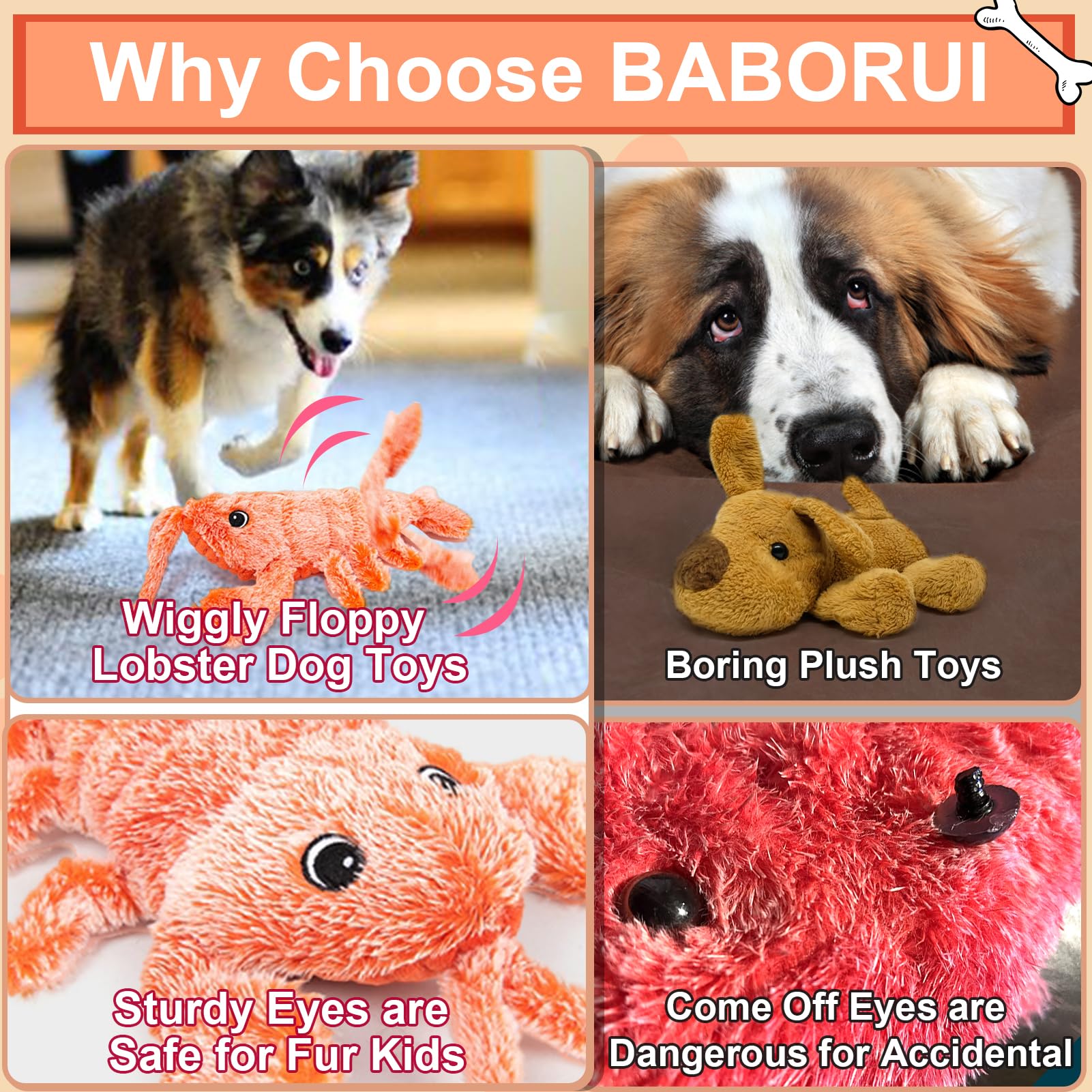 BABORUI wiggly lobster dog toy close-up shows fuzzy protector.