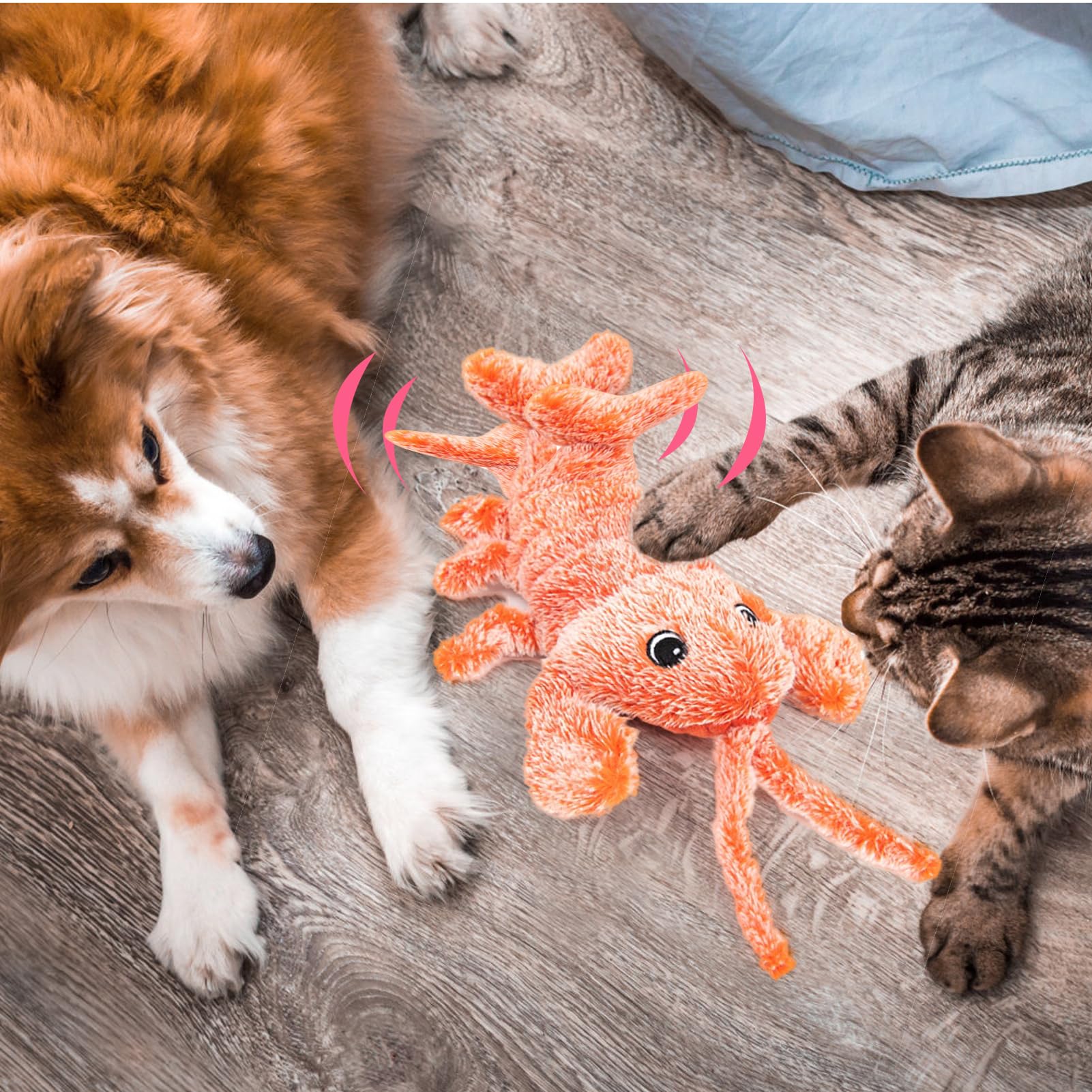 BABORUI wiggly lobster dog toy on floor with dogs of various sizes.