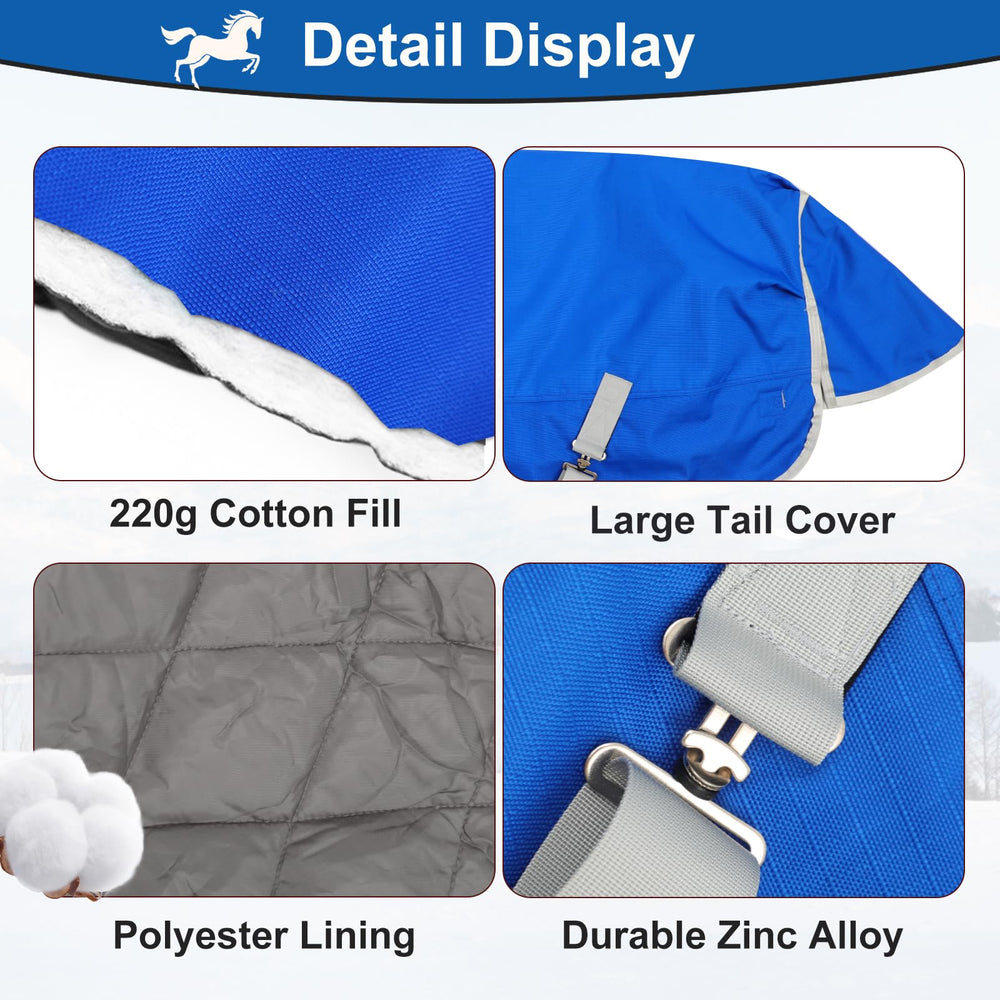 BabyFoxy turnout blanket blue shell highlights 1680D fabric for weather protection.