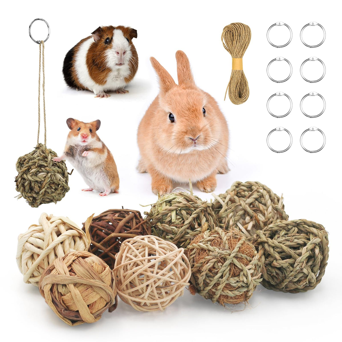 Bac-kitchen 17-pcs bunny chew grass balls close-up texture for safe natural chewing enrichment