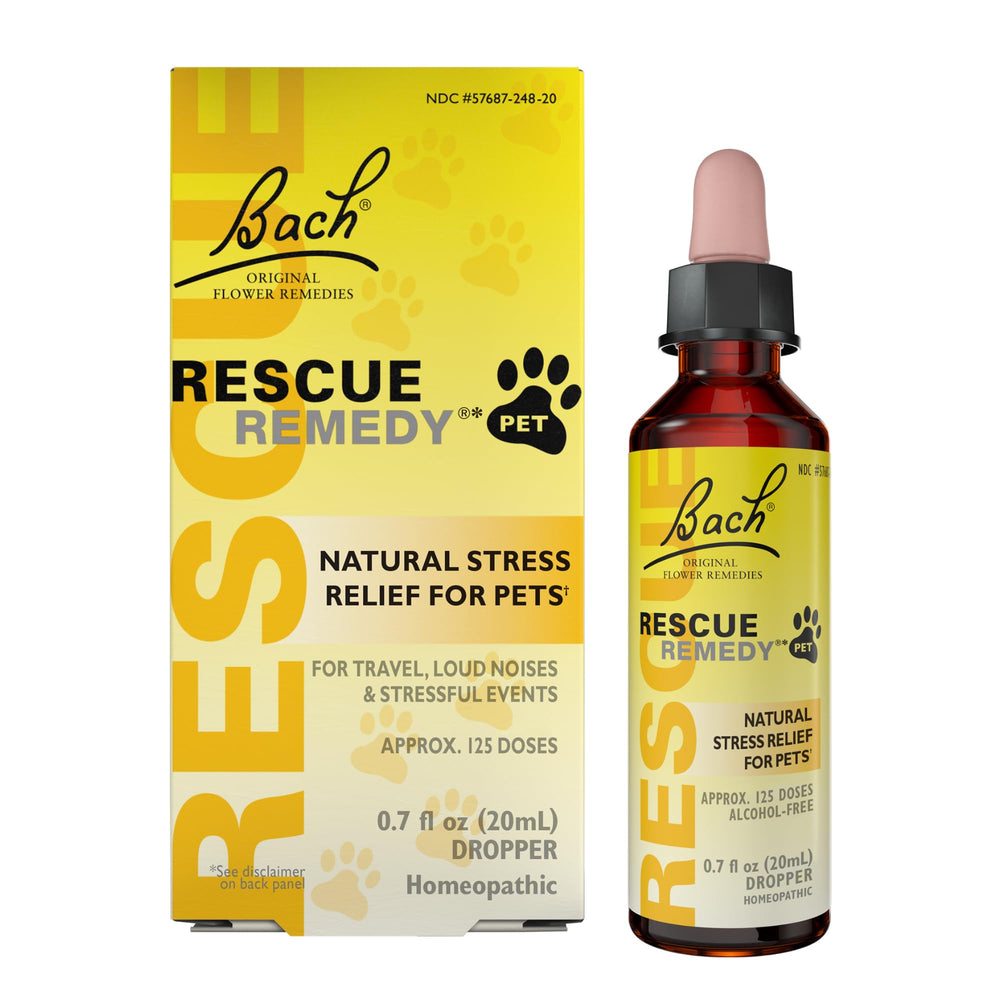 Bach Rescue Remedy Pet Dropper bottle shows calming flower essence for pets
