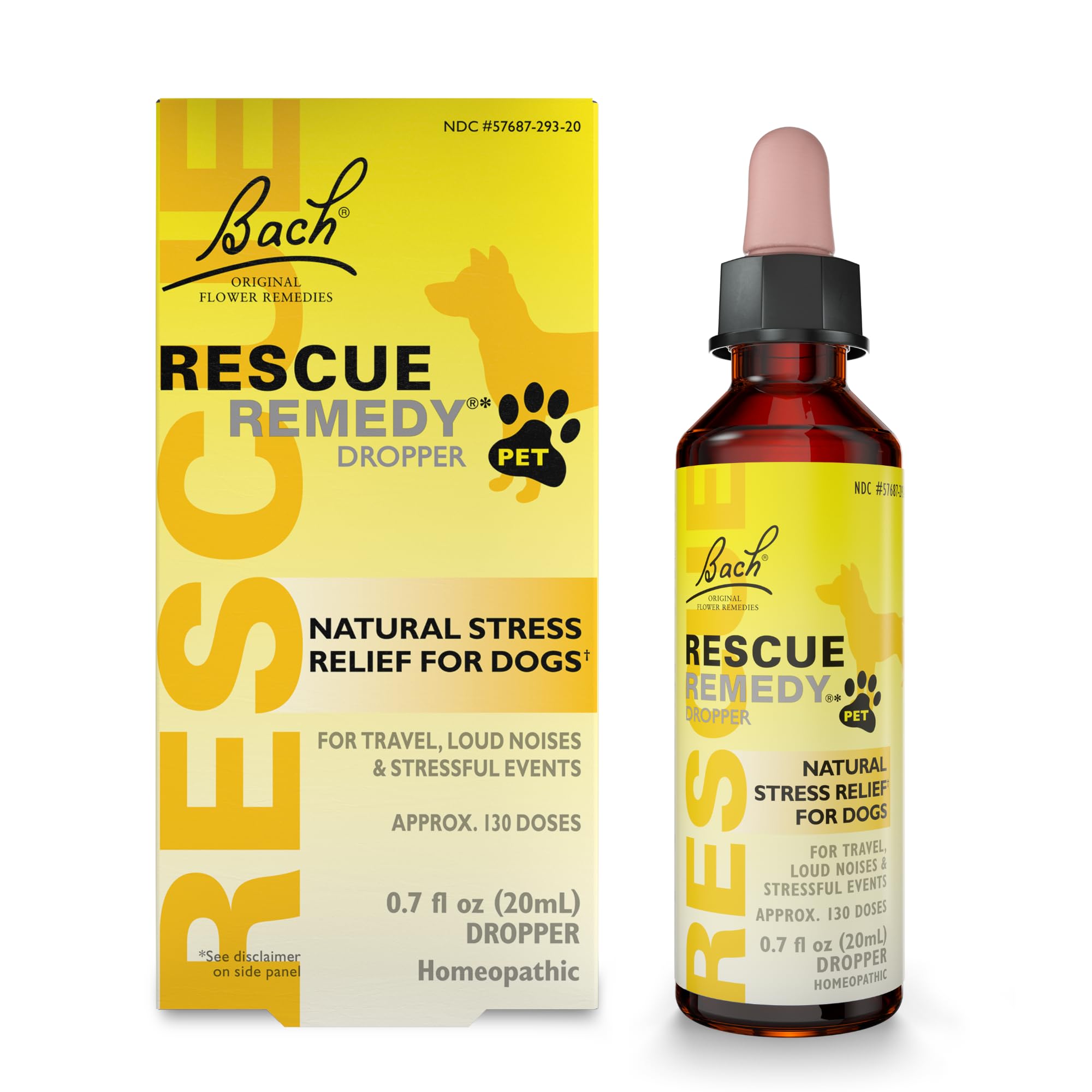 Bach Rescue Remedy Pet Dropper bottle label showcases natural flower essences for dog stress support.