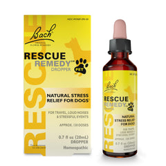 Bach Rescue Remedy Pet Dropper bottle label showcases natural flower essences for dog stress support.