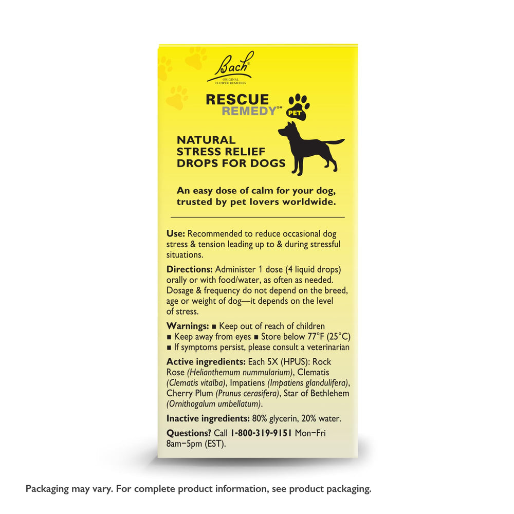 Made in the UK Bach Rescue Remedy Pet Dropper packaging highlights trusted rescue brand heritage.