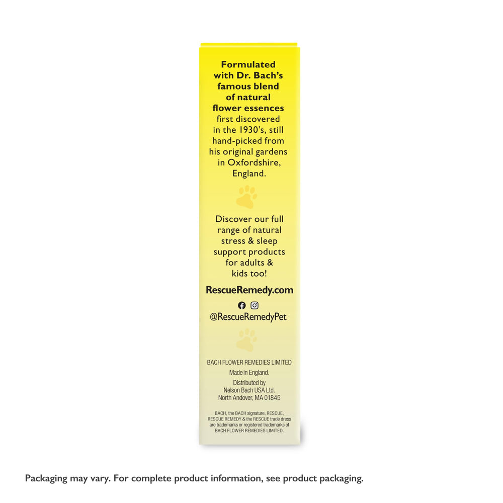 Travel-friendly bottle of Bach Rescue Remedy Pet Dropper supports calm on trips.