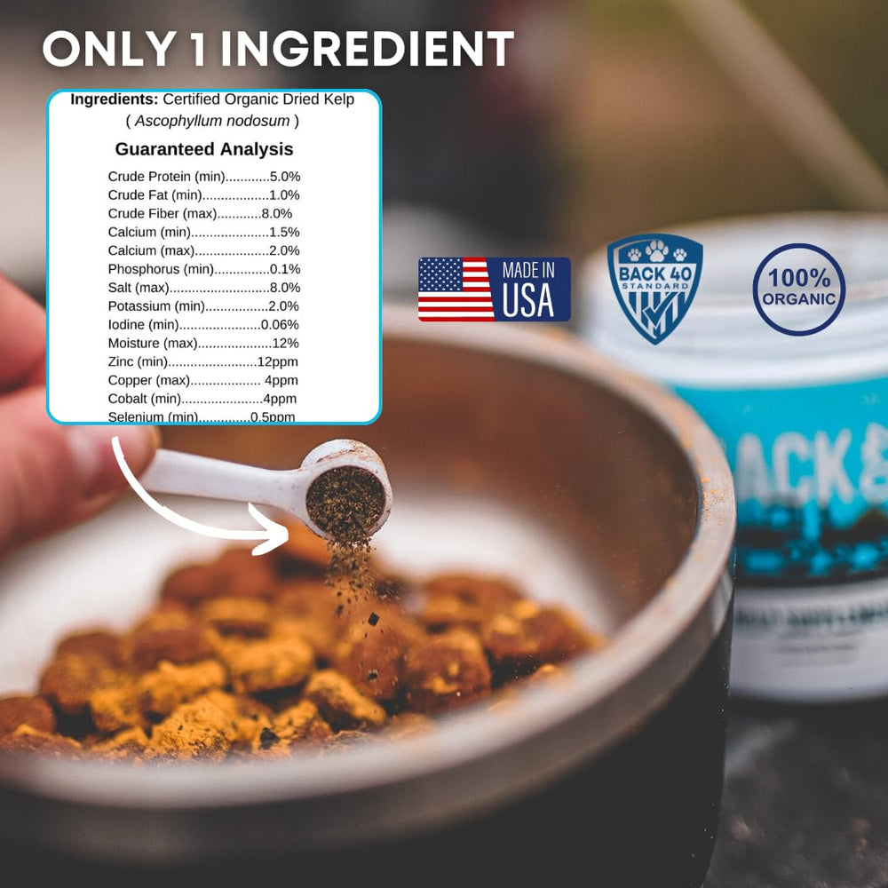 Back 40 Dogs dental health benefits from minerals in sea kelp powder.