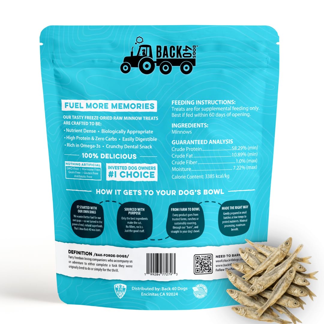 Back 40 Dogs freeze dried minnow close up highlighting texture and protein