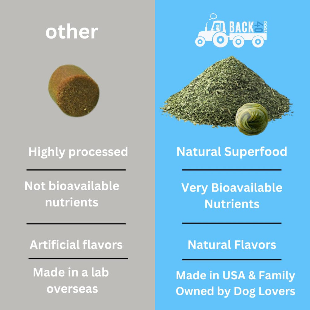 Back 40 Dogs kelp powder label close-up showing origin and ingredients.