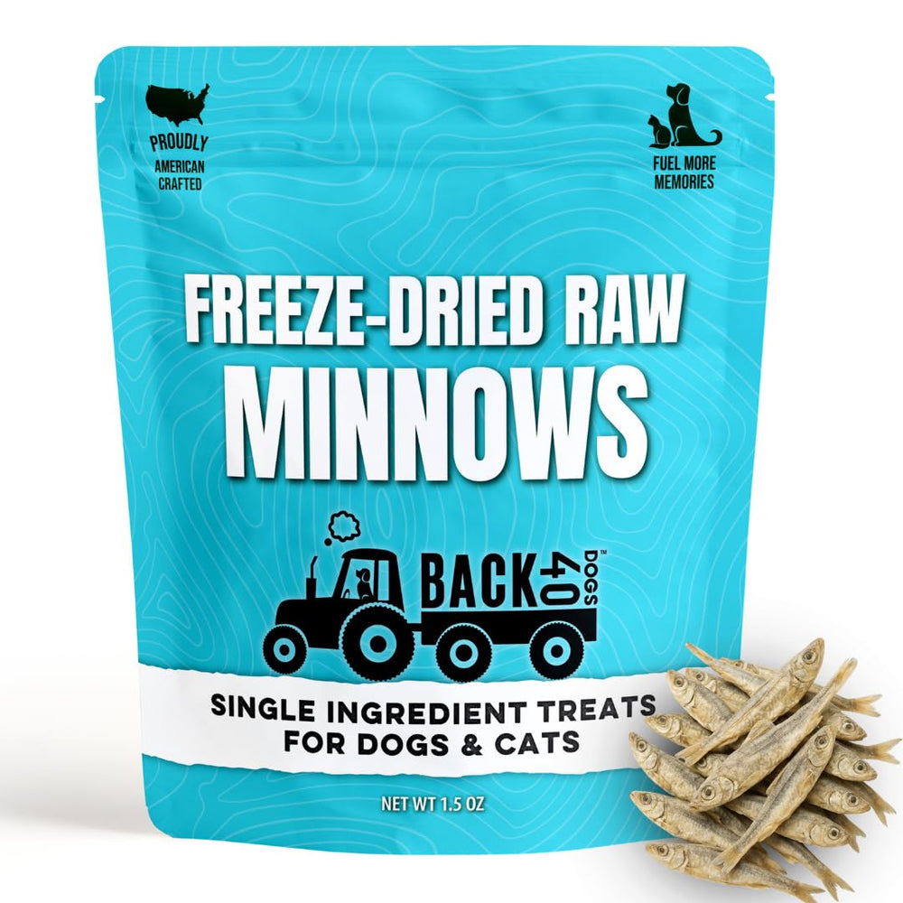Back 40 Dogs minnow packaging showing premium single-ingredient treats for training
