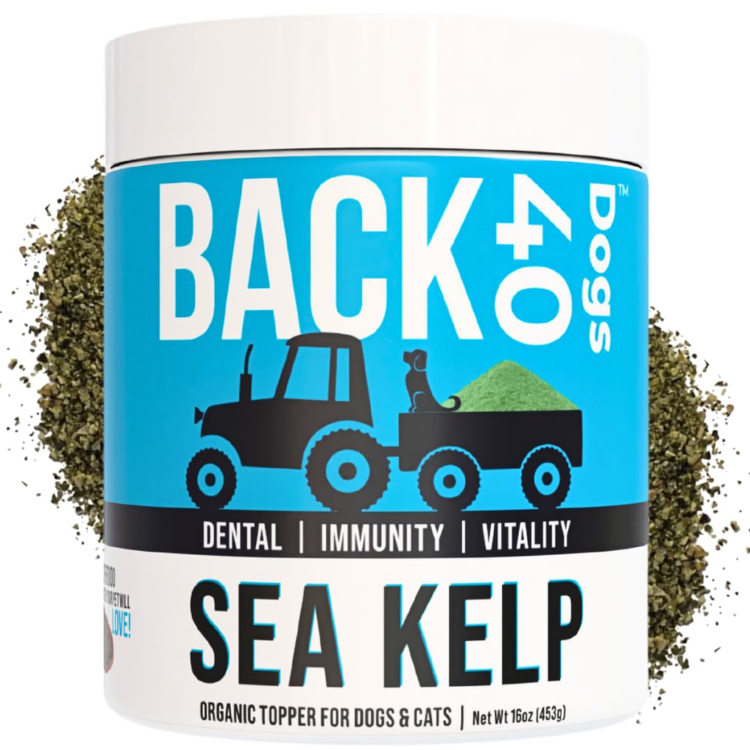 Back 40 Dogs organic kelp powder bottle being poured for simple daily dosing.