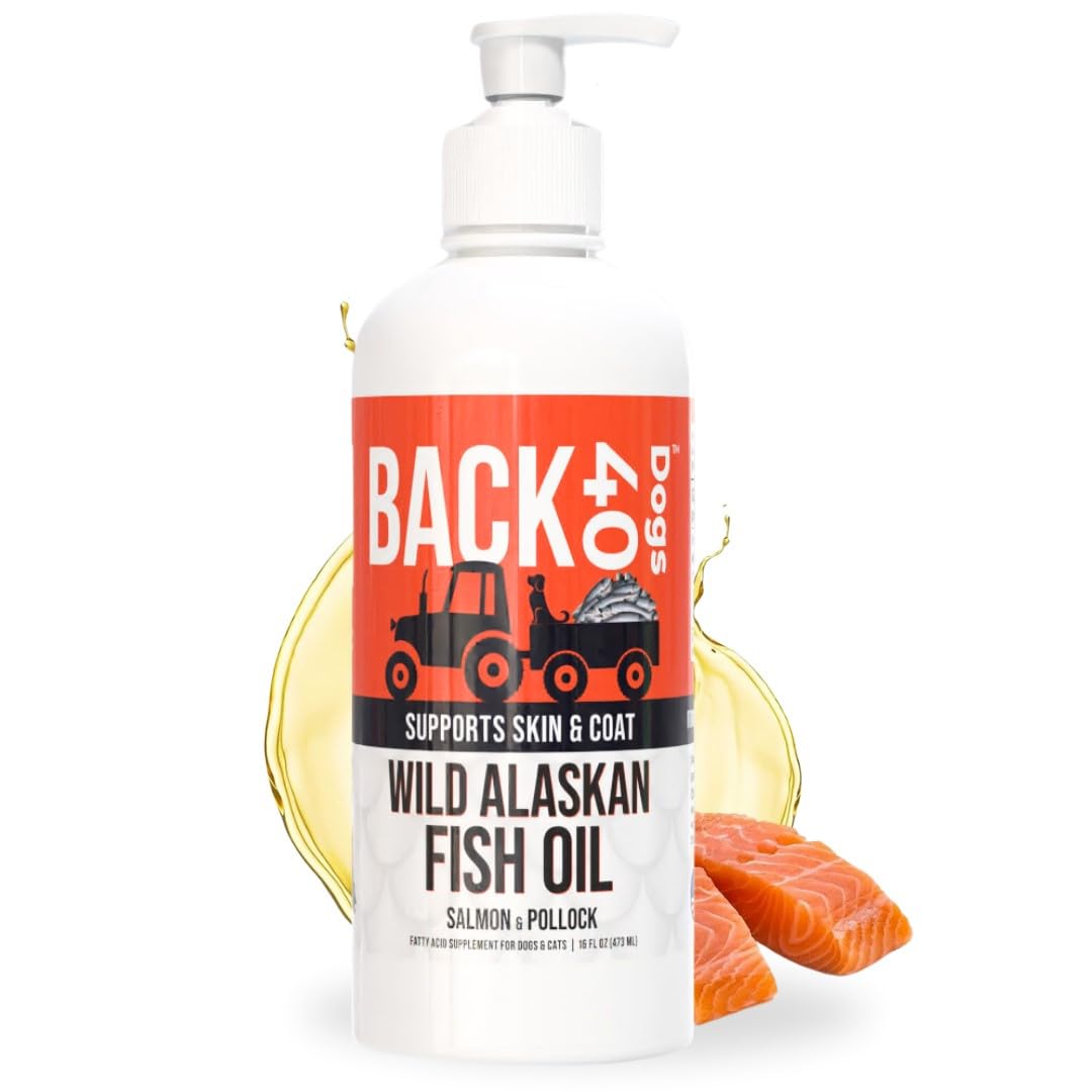 Back 40 Dogs wild Alaskan fish oil bottle highlights omega-3 for a healthier coat.