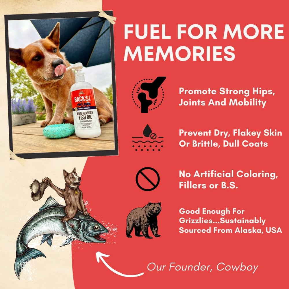 Back 40 Dogs oil bottle on meals scene suggests simple daily feeding routine.