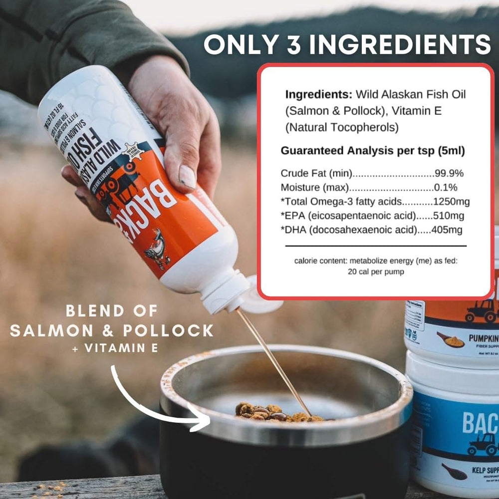 Back 40 Dogs bottle with a dog enjoying a treat hints brain-boosting omega-3.