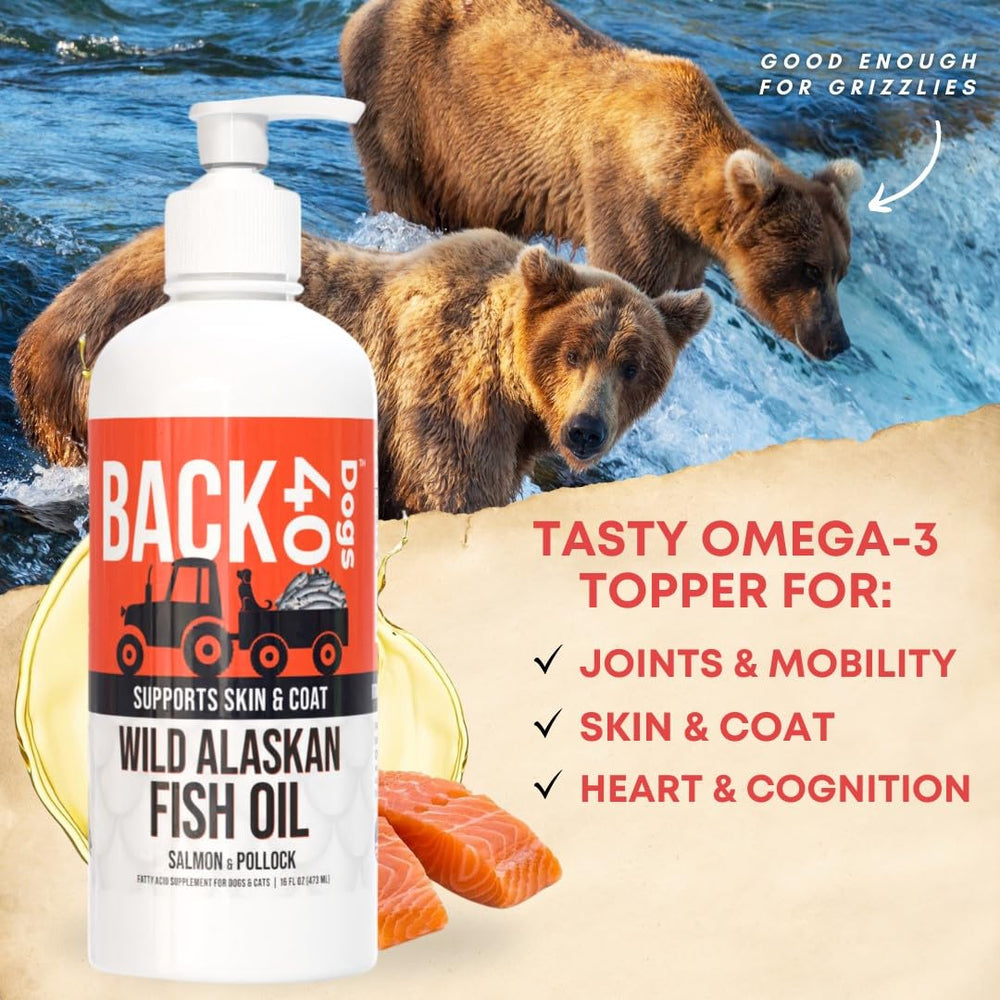 Back 40 Dogs fish oil pour shows easy daily omega-3 support for pets.