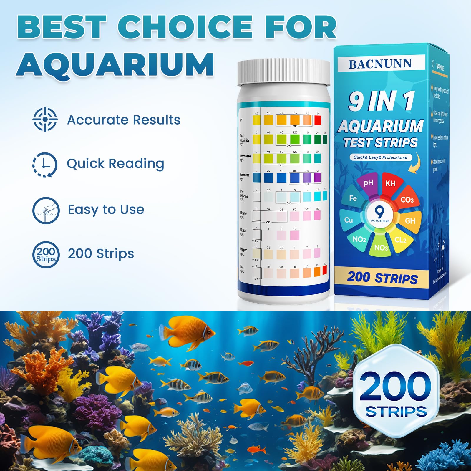 BACNUNN test strip dipped into water for fast reading