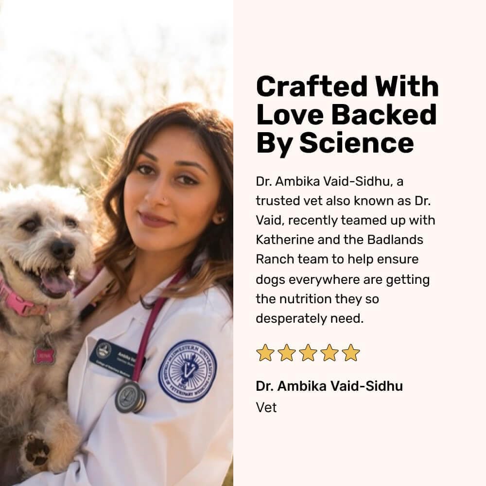 BADLANDS RANCH dog enjoys meal shown with aroma appeal.