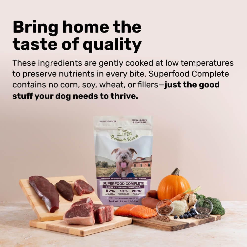 BADLANDS RANCH lamb-venison-protein ingredients closeup emphasizing premium protein sources