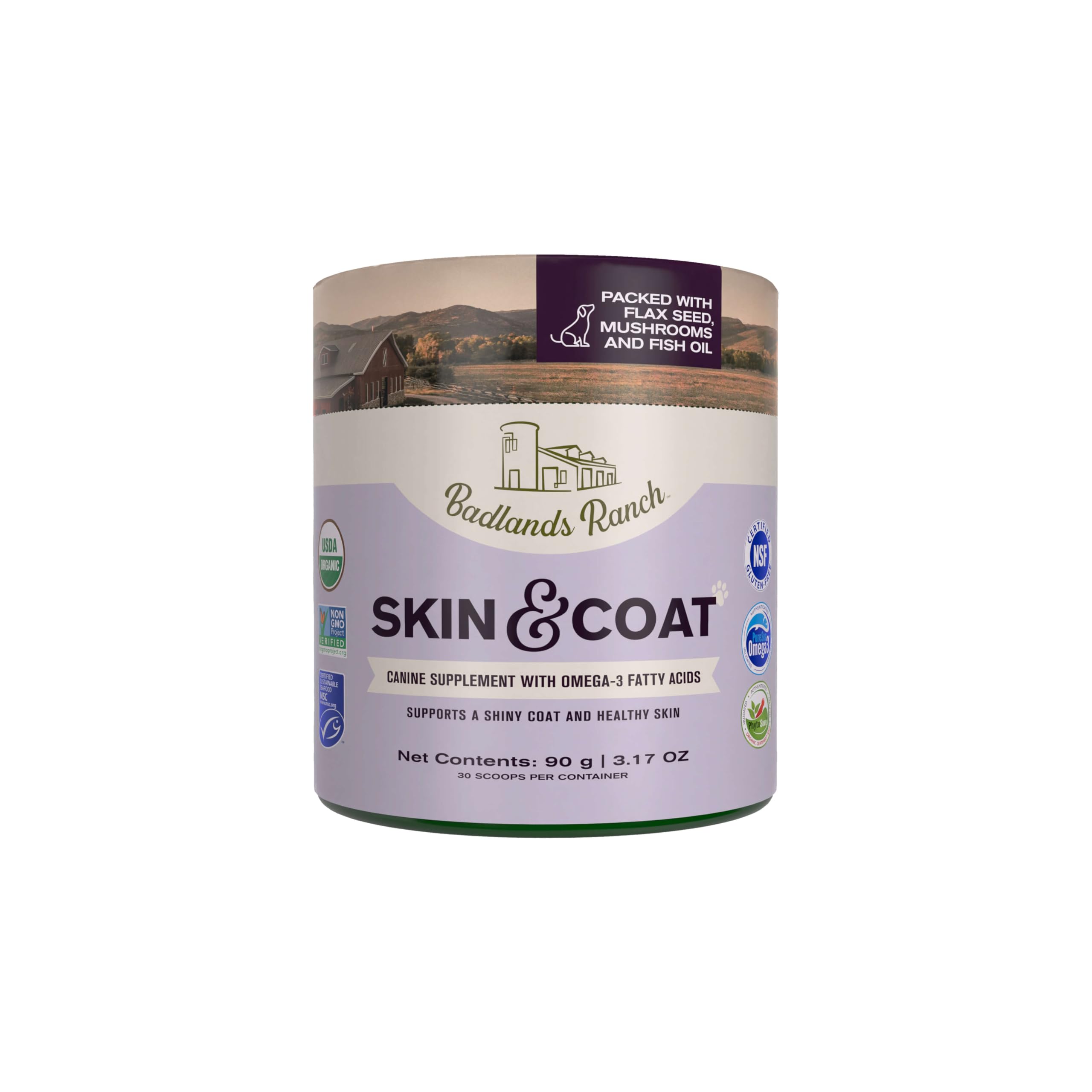 Badlands Ranch skin-coat-supplement-bottle promotes shiny coat and healthy skin with omega-3 fatty acids.