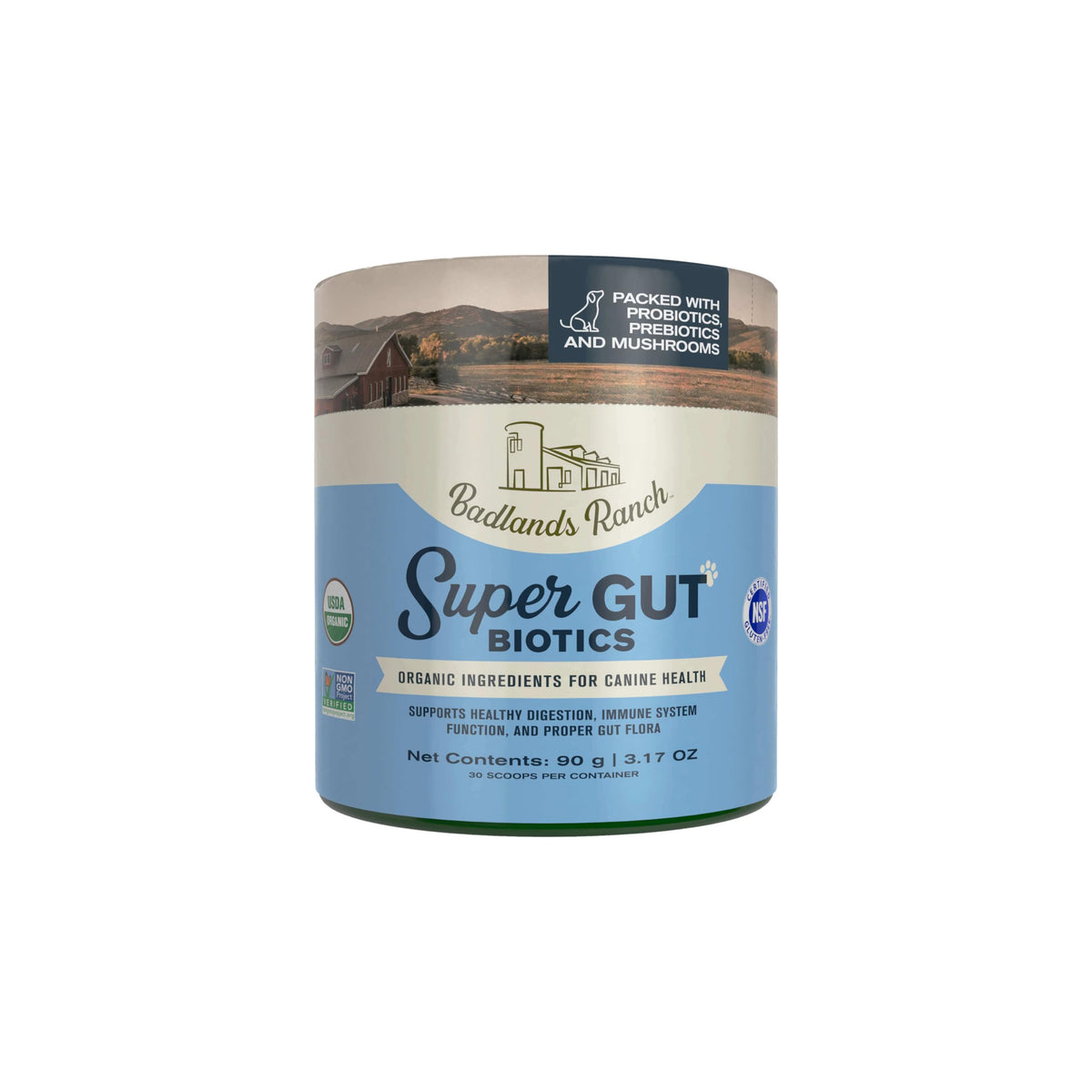 Badlands Ranch Super Gut Biotics bottle label highlights canine probiotic blend for digestion support.