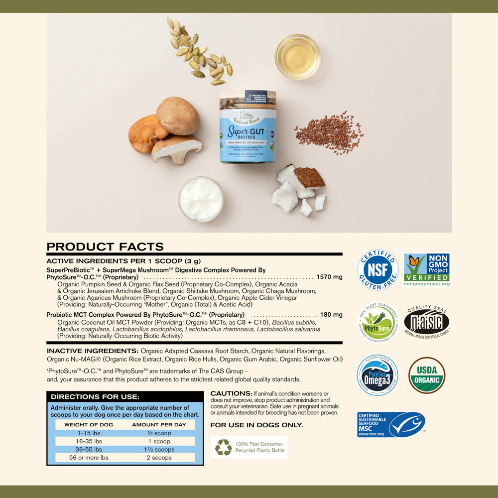 Badlands Ranch Super Gut Biotics probiotic-blend caps highlight five-potent strains for gut flora balance.