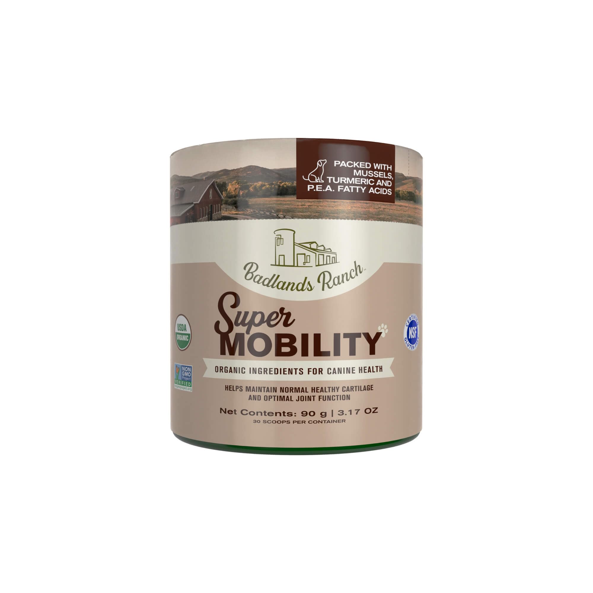 Badlands Ranch super mobility dog supplement bottle highlights convenient dosing for joint support.