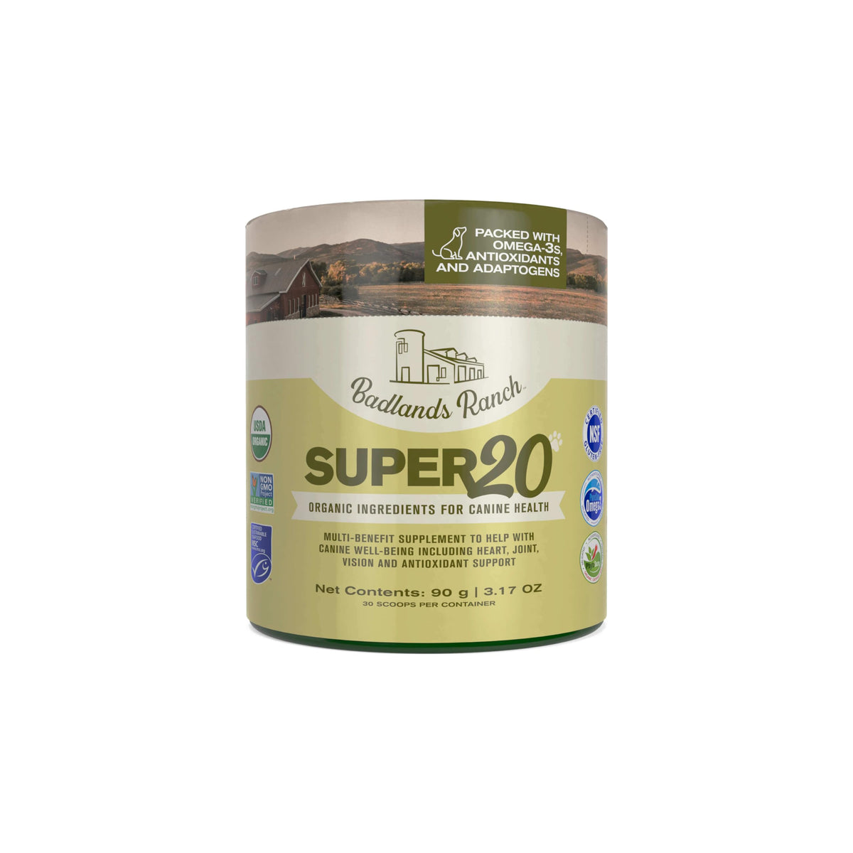 Badlands Ranch Super20 bottle highlights joint support and canine wellness.
