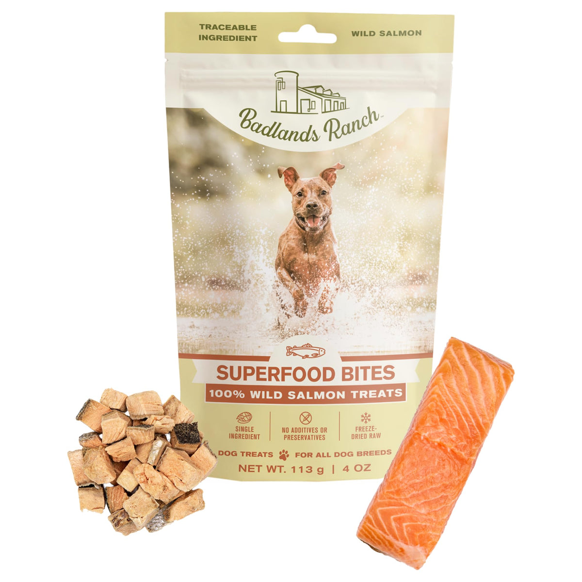 Badlands Ranch superfood bite wild salmon packaging highlights premium protein for dogs