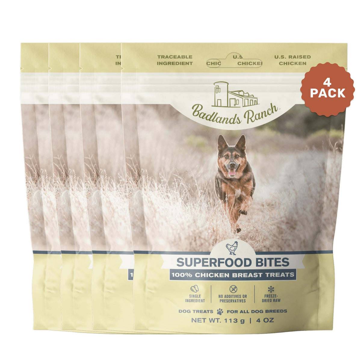 BADLANDS RANCH Superfood Bites unopened pack shows premium USA-raised chicken breast for protein-rich rewards.
