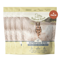 BADLANDS RANCH Superfood Bites unopened pack shows premium USA-raised chicken breast for protein-rich rewards.
