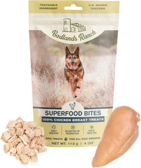 BADLANDS RANCH Superfood Bites training-reward image highlights high-protein bites for dogs.