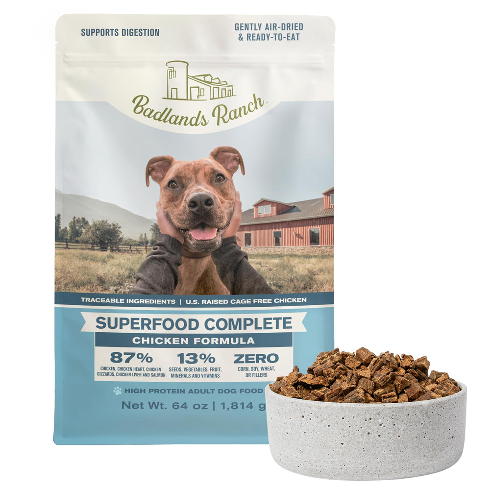 BADLANDS RANCH superfood complete air-dried dog food in bowl for meals